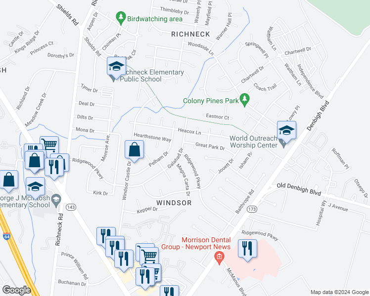 map of restaurants, bars, coffee shops, grocery stores, and more near 732 Galahad Drive in Newport News
