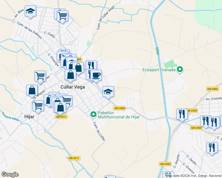 map of restaurants, bars, coffee shops, grocery stores, and more near 30 Calle Aben Tofail in Cúllar Vega