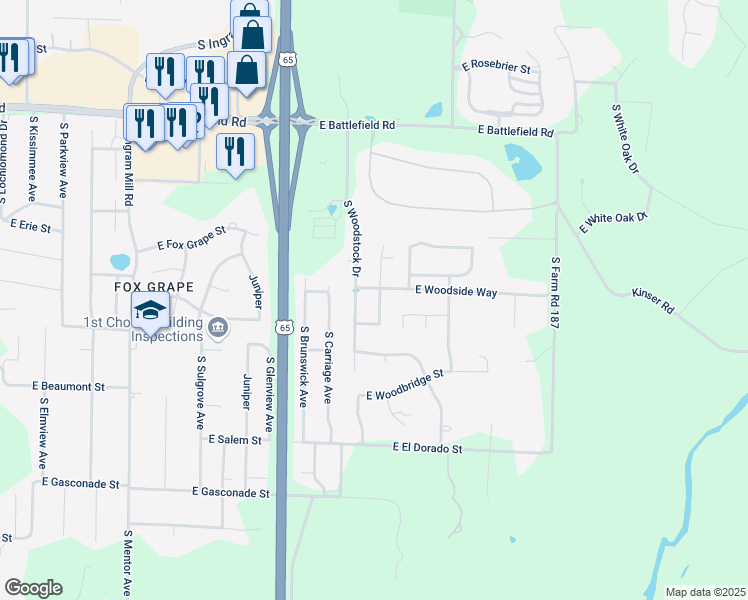 map of restaurants, bars, coffee shops, grocery stores, and more near 3325 South Bedford Avenue in Springfield