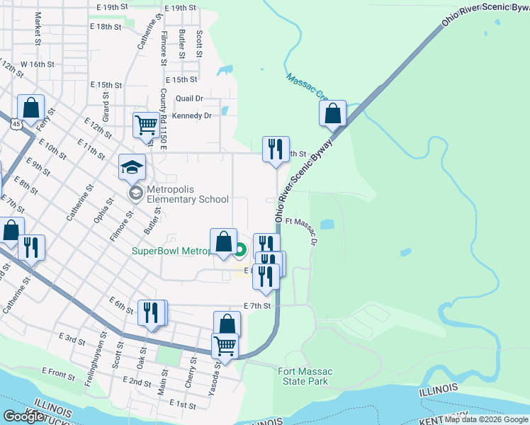 map of restaurants, bars, coffee shops, grocery stores, and more near Co Road 530 North in Metropolis