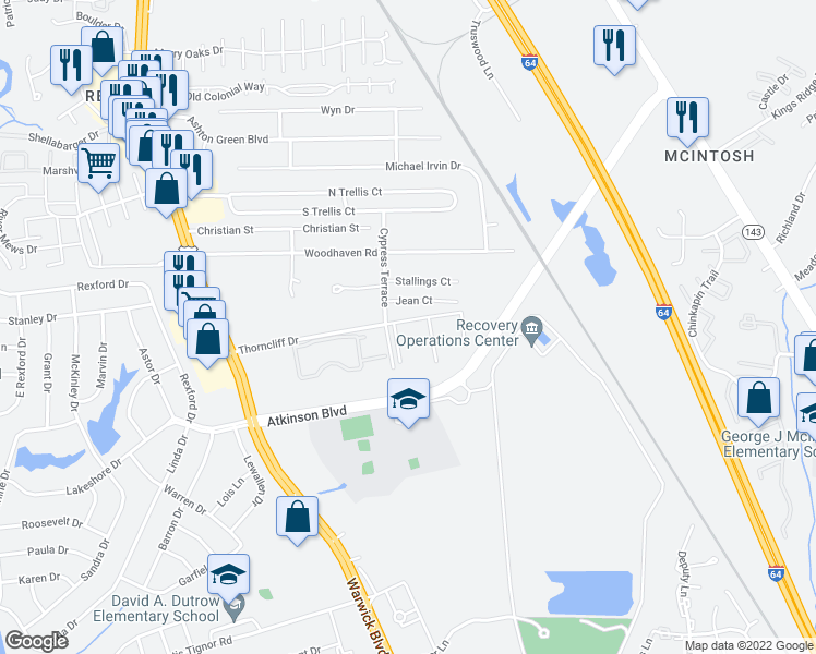 map of restaurants, bars, coffee shops, grocery stores, and more near 504 Thorncliff Drive in Newport News