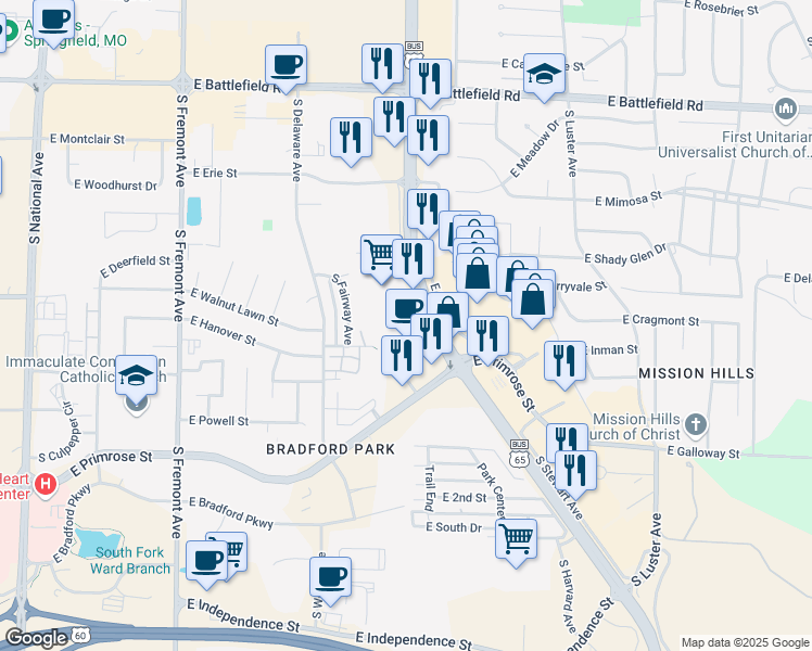 map of restaurants, bars, coffee shops, grocery stores, and more near in Springfield