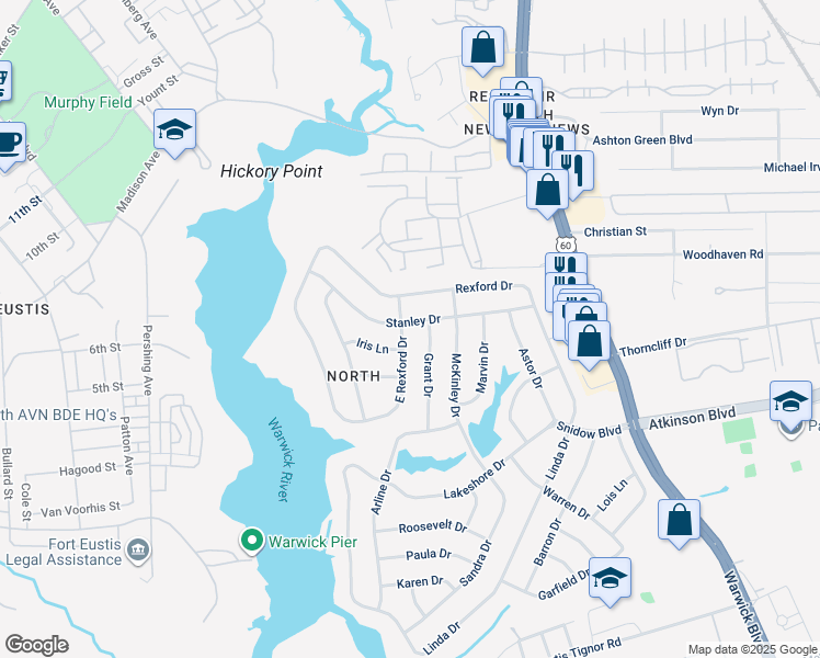map of restaurants, bars, coffee shops, grocery stores, and more near 75 Stanley Drive in Newport News