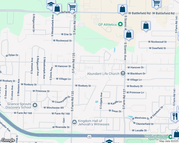 map of restaurants, bars, coffee shops, grocery stores, and more near 2971 West Village Lane in Springfield