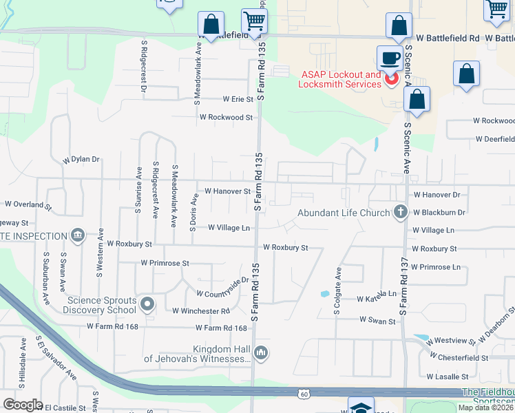 map of restaurants, bars, coffee shops, grocery stores, and more near 3466 South Christy Court in Springfield