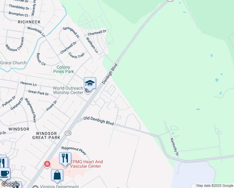 map of restaurants, bars, coffee shops, grocery stores, and more near 23 Sally Ann Place in Newport News