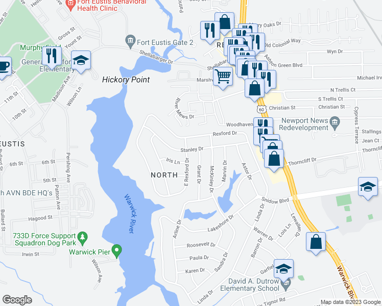 map of restaurants, bars, coffee shops, grocery stores, and more near 75 Stanley Drive in Newport News