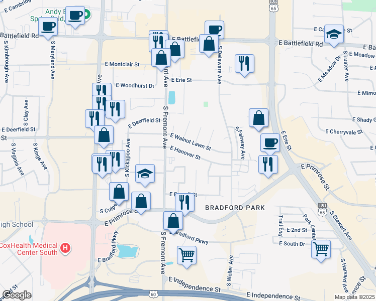 map of restaurants, bars, coffee shops, grocery stores, and more near 1521 East Hanover Street in Springfield