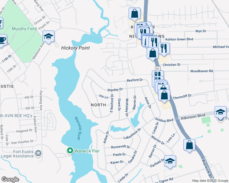 map of restaurants, bars, coffee shops, grocery stores, and more near 75 Stanley Drive in Newport News