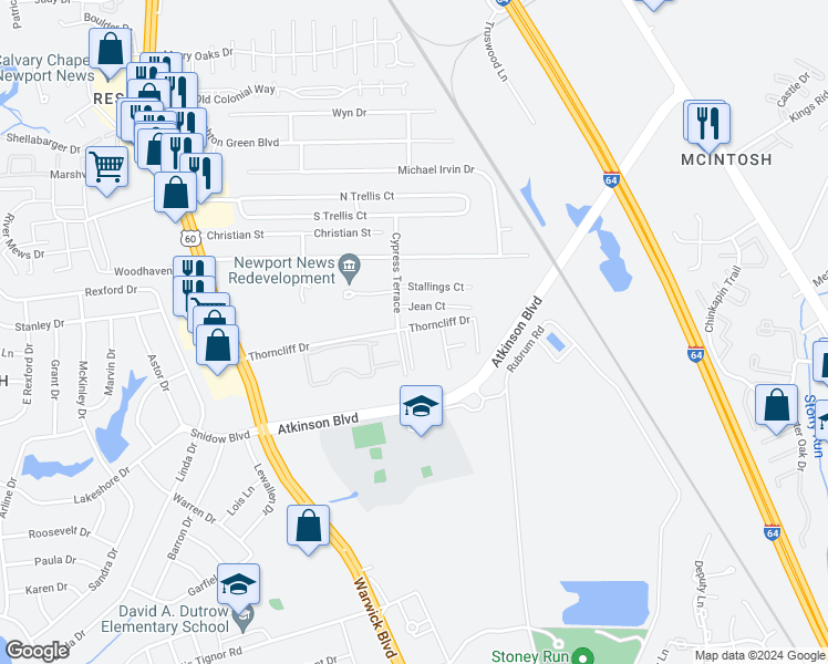 map of restaurants, bars, coffee shops, grocery stores, and more near 502 Thorncliff Drive in Newport News