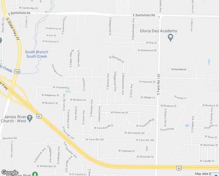 map of restaurants, bars, coffee shops, grocery stores, and more near 3470 South Sunrise Avenue in Springfield