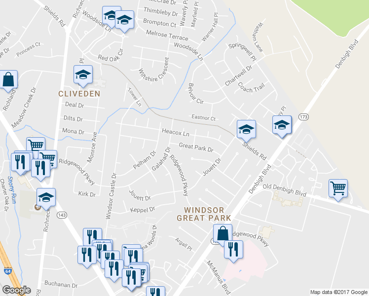map of restaurants, bars, coffee shops, grocery stores, and more near 1 Sun Valley Court in Newport News