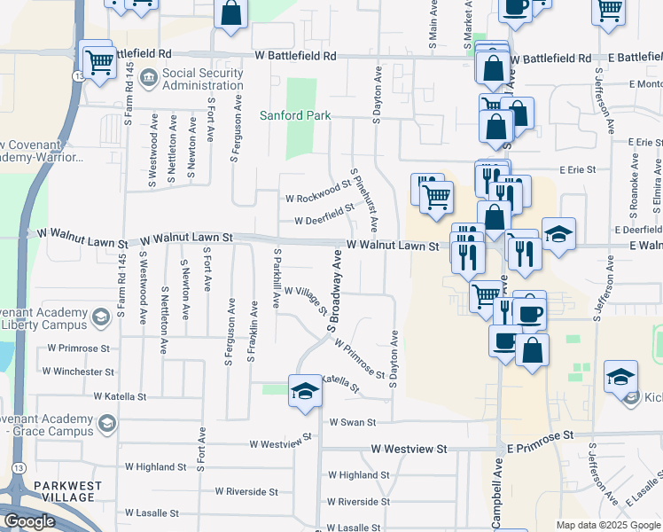 map of restaurants, bars, coffee shops, grocery stores, and more near 815 West Mel-O Court in Springfield
