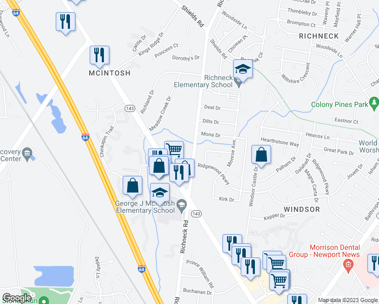 map of restaurants, bars, coffee shops, grocery stores, and more near 251 Richneck Road in Newport News