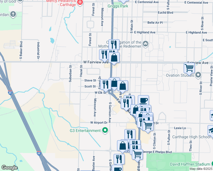 map of restaurants, bars, coffee shops, grocery stores, and more near 2119 S Garrison Ave in Carthage