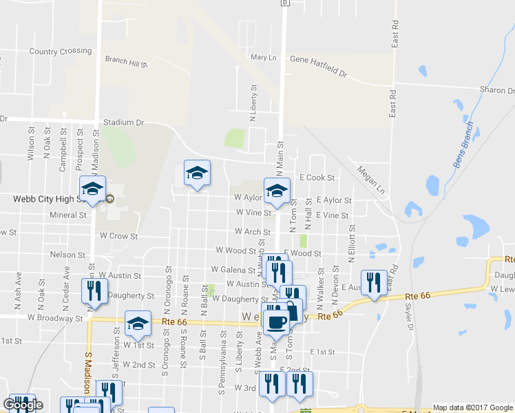 map of restaurants, bars, coffee shops, grocery stores, and more near 706 North Webb Street in Webb City