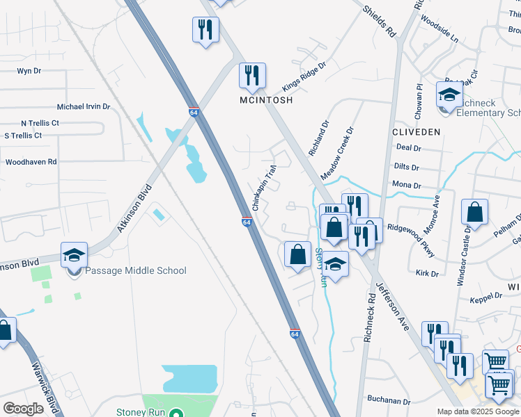 map of restaurants, bars, coffee shops, grocery stores, and more near 572 Chinkapin Trail in Newport News