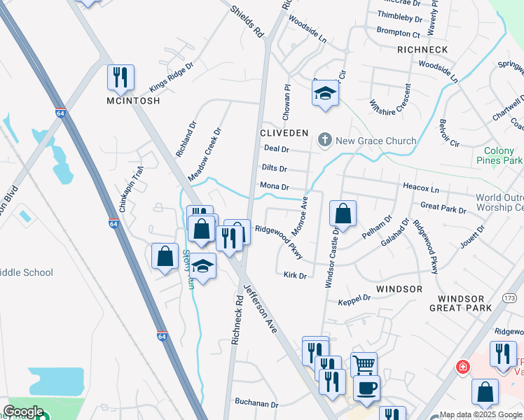 map of restaurants, bars, coffee shops, grocery stores, and more near 9 Julia Terrace in Newport News