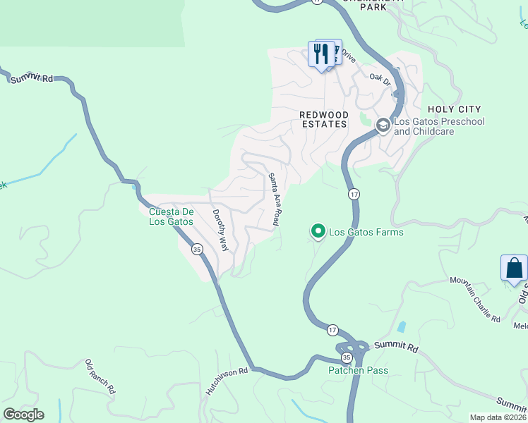 map of restaurants, bars, coffee shops, grocery stores, and more near 18175 Goebel Court in Los Gatos