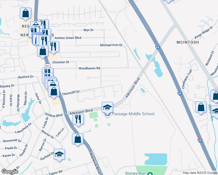 map of restaurants, bars, coffee shops, grocery stores, and more near 508 Thorncliff Drive in Newport News