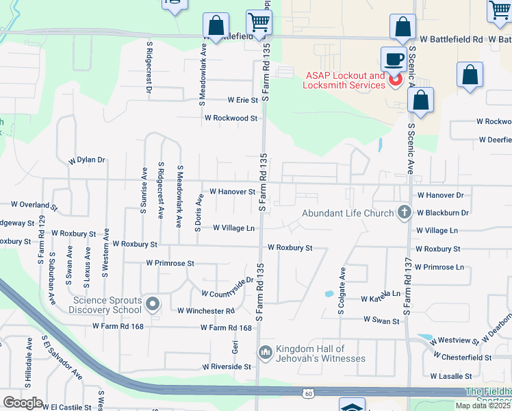 map of restaurants, bars, coffee shops, grocery stores, and more near 3466 South Christy Court in Springfield