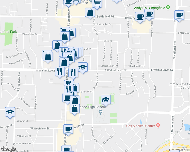 map of restaurants, bars, coffee shops, grocery stores, and more near 412 East Jewett Place in Springfield