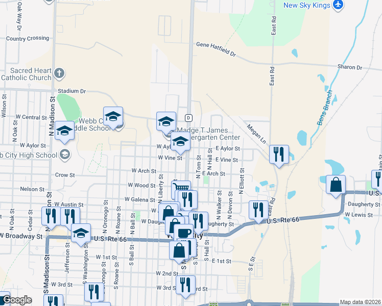 map of restaurants, bars, coffee shops, grocery stores, and more near 707 North Main Street in Webb City