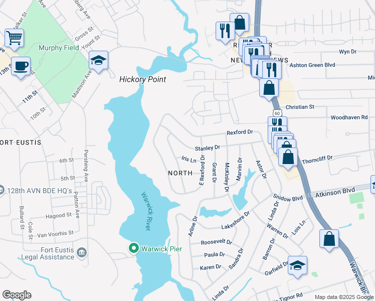 map of restaurants, bars, coffee shops, grocery stores, and more near 85 Stanley Drive in Newport News