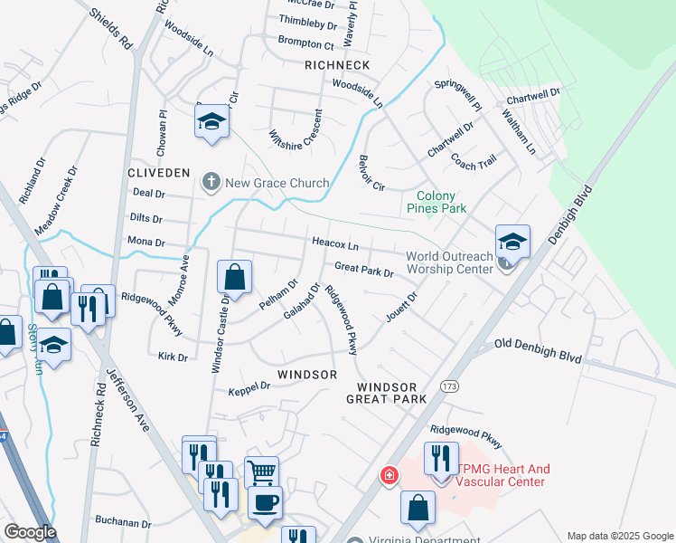 map of restaurants, bars, coffee shops, grocery stores, and more near 2 Sun Valley Court in Newport News