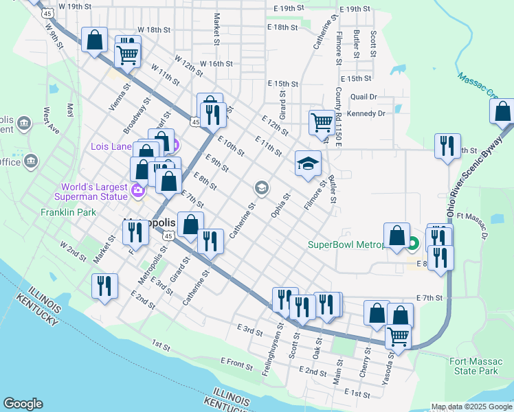 map of restaurants, bars, coffee shops, grocery stores, and more near 812 Catherine Street in Metropolis