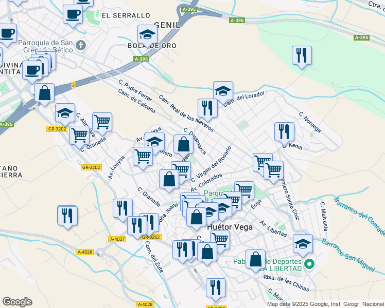 map of restaurants, bars, coffee shops, grocery stores, and more near 26 Avenida Madrid in Huétor Vega