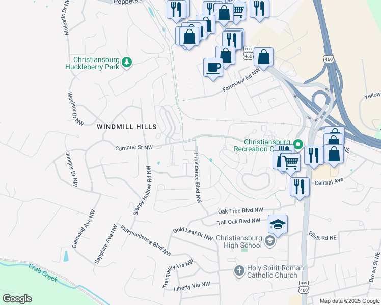 map of restaurants, bars, coffee shops, grocery stores, and more near 1525-1645 Providence Boulevard in Christiansburg
