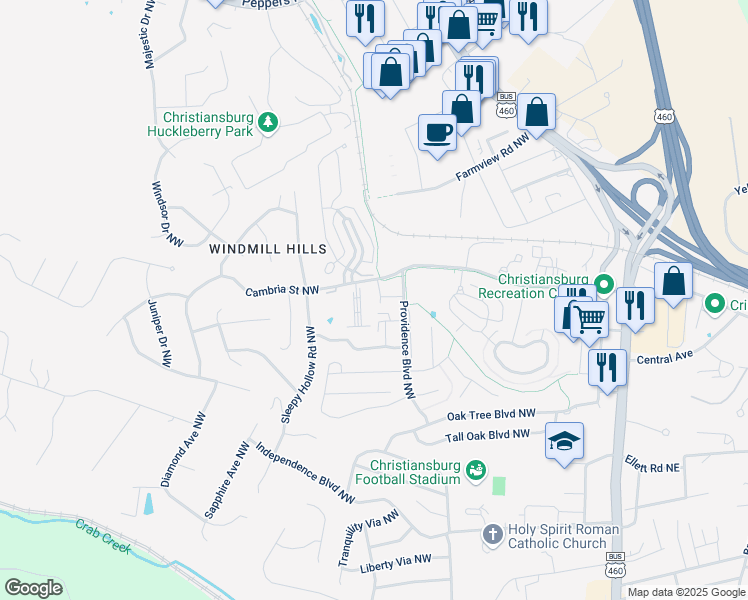 map of restaurants, bars, coffee shops, grocery stores, and more near 1640 Providence Boulevard Northwest in Christiansburg