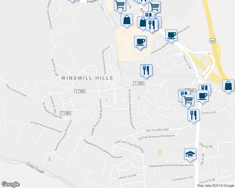 map of restaurants, bars, coffee shops, grocery stores, and more near 1671 York Drive in Christiansburg