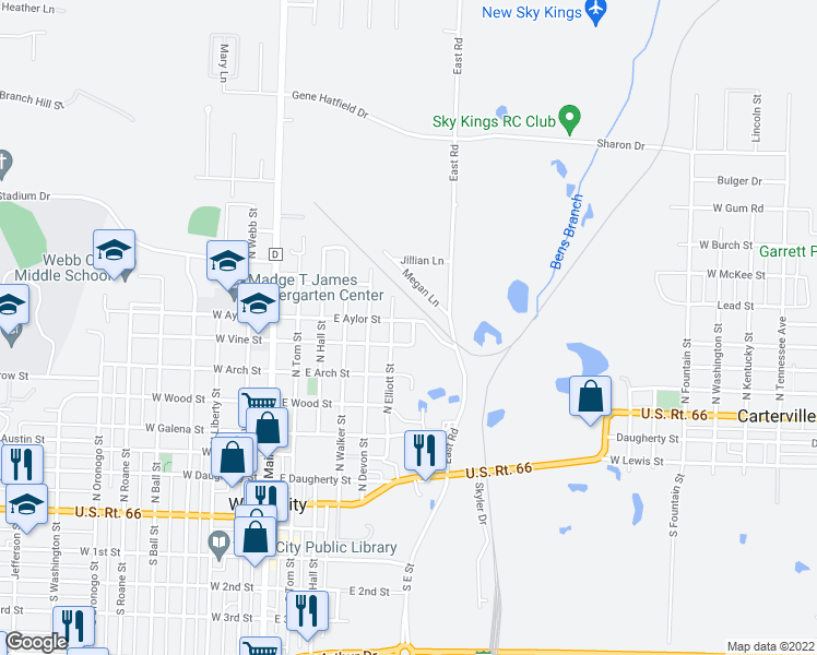 map of restaurants, bars, coffee shops, grocery stores, and more near 716 Levi Lane in Webb City