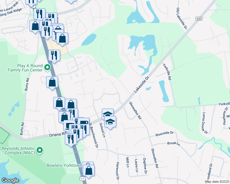 map of restaurants, bars, coffee shops, grocery stores, and more near 100 Middlewood Lane in Yorktown