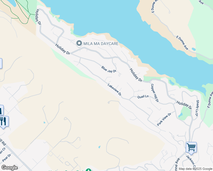 map of restaurants, bars, coffee shops, grocery stores, and more near 17391 Lakeview Drive in Morgan Hill