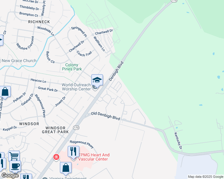 map of restaurants, bars, coffee shops, grocery stores, and more near 1215 Avondale Lane in Newport News