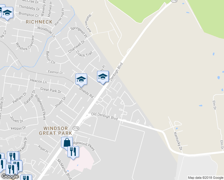 map of restaurants, bars, coffee shops, grocery stores, and more near 1215 Avondale Lane in Newport News