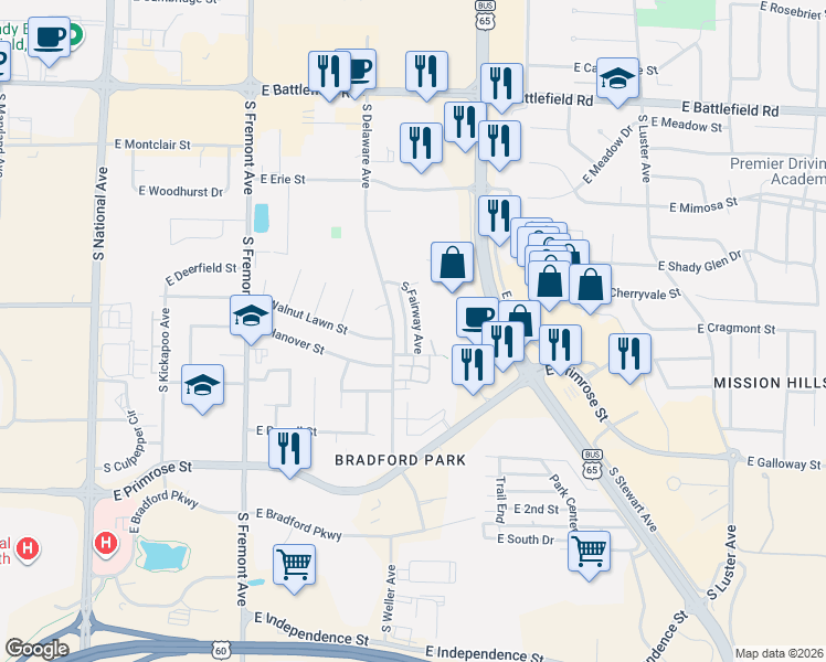 map of restaurants, bars, coffee shops, grocery stores, and more near 3383 South Fairway Avenue in Springfield