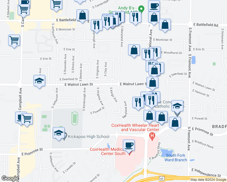 map of restaurants, bars, coffee shops, grocery stores, and more near 3428 South Kings Avenue in Springfield