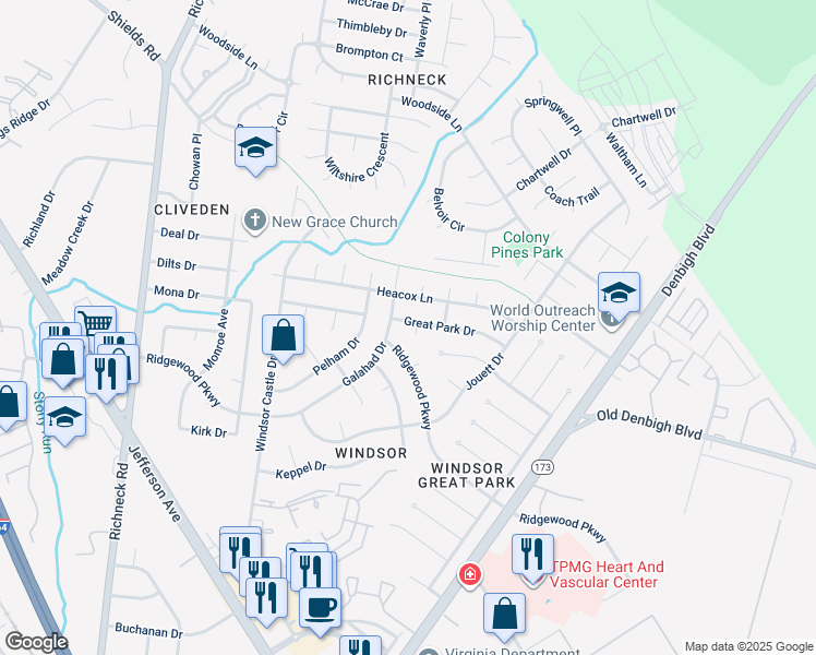 map of restaurants, bars, coffee shops, grocery stores, and more near 2 Sun Valley Court in Newport News
