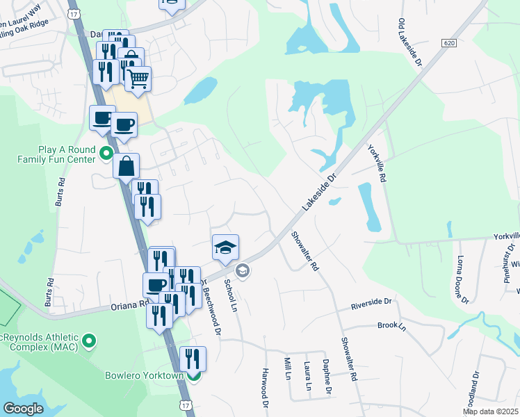 map of restaurants, bars, coffee shops, grocery stores, and more near 100 Middlewood Lane in Yorktown
