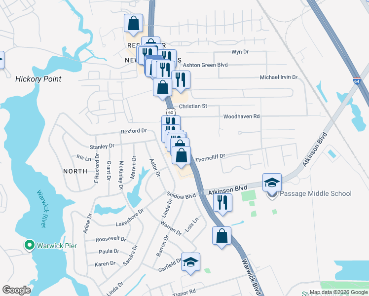 map of restaurants, bars, coffee shops, grocery stores, and more near 15435 Warwick Boulevard in Newport News