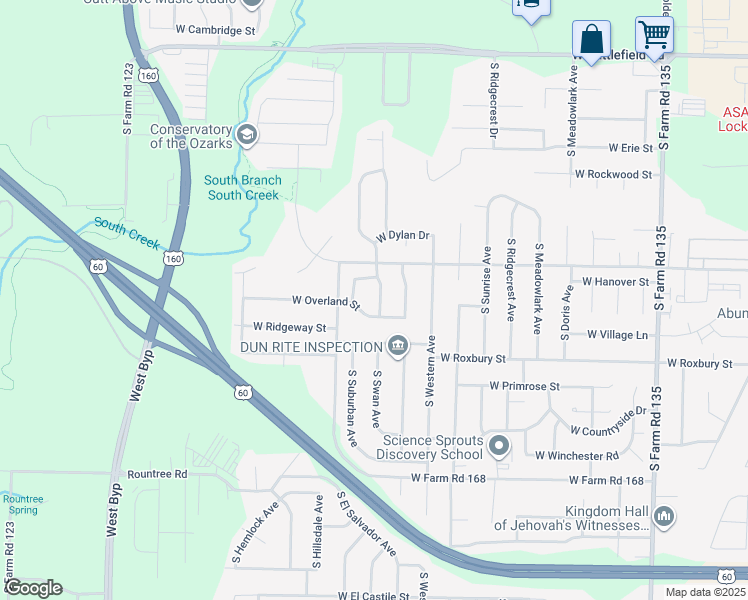 map of restaurants, bars, coffee shops, grocery stores, and more near 3467 South Valley View Drive in Springfield