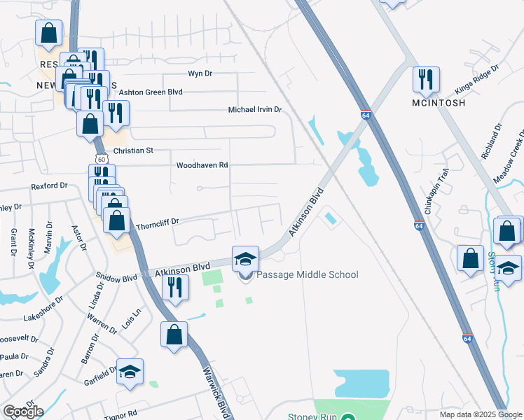 map of restaurants, bars, coffee shops, grocery stores, and more near 520 Thorncliff Drive in Newport News