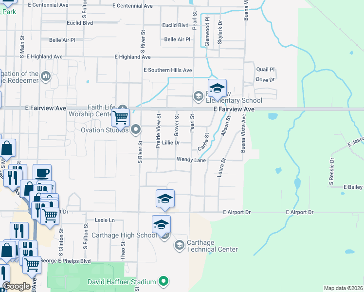 map of restaurants, bars, coffee shops, grocery stores, and more near 1104 Lillie Drive in Carthage