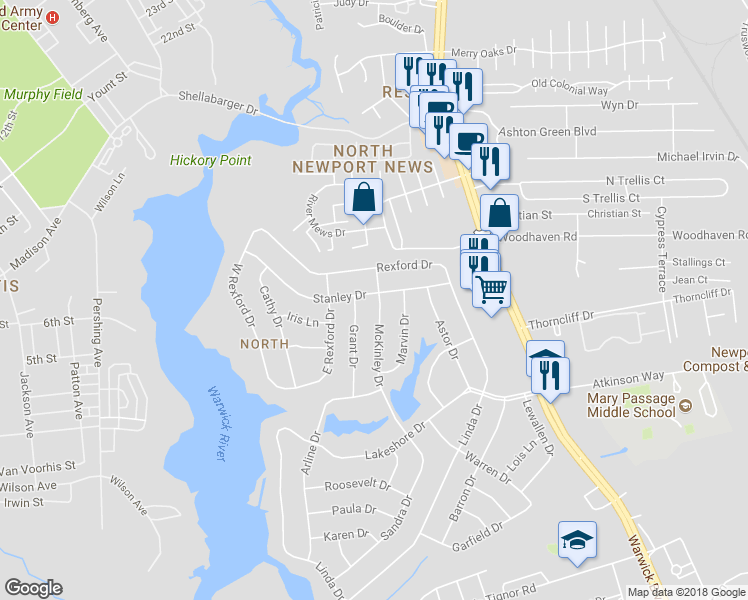 map of restaurants, bars, coffee shops, grocery stores, and more near 23 McKinley Drive in Newport News