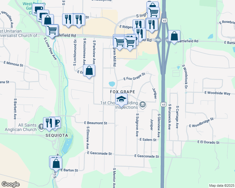 map of restaurants, bars, coffee shops, grocery stores, and more near 3207 East Manitoo Street in Springfield