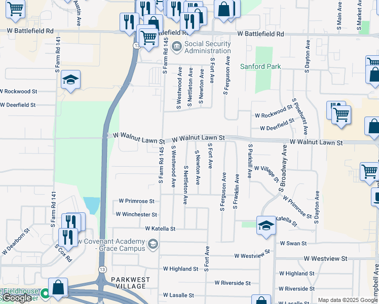map of restaurants, bars, coffee shops, grocery stores, and more near 3428 South Nettleton Avenue in Springfield